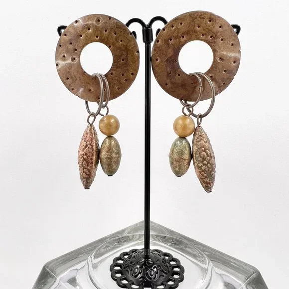 NWOT - Artisan BOHO Brass Tone Textured Metal Dangle Post Earrings - Picture 2 of 6